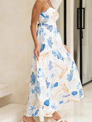Cyflymder Women Summer Casual Loose Holiday Beach Dress Spring Slash Neck Backless Sling Dress New Vintage Pattern Print A-Line Long Dress
