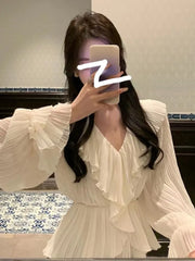 Cyflymder Pure Color French Elegant Dress Woman Long Sleeve Fairy Midi Dress Casual Summer Slim Party One Piece Dress Korean Design