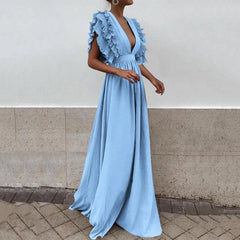 Cyflymder Women Floor Length Long Dress For Wedding Ruffled Hem Sleeveless Deep V-Neck Sexy Cocktail Dress Clubwear Evening Party Dress