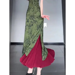 Cyflymder Chinese Style Green Bamboo Leaf Printed Cheongsam Dresses Red Fishtail Skirt 2 Piece Suit Women's Classical Dance Costumes XL