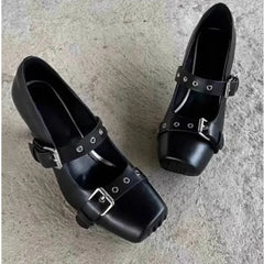 Cyflymder New Black 7cm High Heels Sandals Metal Buckle Rivets Ballet Shoes Spicy Girl Square Toe Shoes PU Autumn Women's Shoes 35-39