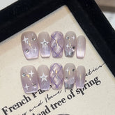 Cyflymder 10Pcs French Handmade Press on Nails Purple Cat Eye Fake Nails White Star Wearable Stick-on Nails Full Cover False Nail 네일팁 Uñas