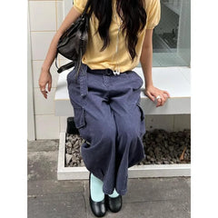Cyflymder American Retro Plus Size Washed Wide Leg Denim Pants Women Multi Pocket Belted Design Cropped Pants Chic Streetwear Daily Casual