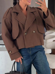 Cyflymder Fashion Double Breasted Warm Outwear Ladies Casual Streetwear Solid Color Coat Elegant Office Lapel Long Sleeved Autumn Jacket