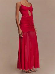 Cyflymder Elegant Sleeveless Maxi Dress with Ruched Detailing and Cutout Front Spaghetti Strap Backless Design for Women