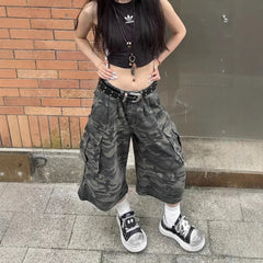 Cyflymder American Retro Camouflage Denim Shorts Women Summer Spicy Low Waist Loose Multi Pocket Workwear Short Pants Trendy