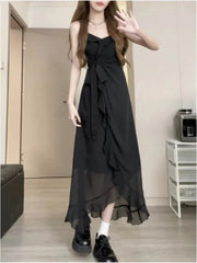 Cyflymder Summer Party Dresses for Women Backless V-neck Sling Ruffled Temperament Sexy Fashion Suspender Simple Elegant New in Dress