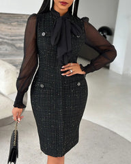 Cyflymder Women's Dress Elegant Tie Neck Mesh Patch Long Sleeve Midi Dress Frill Hem Shirred Fashion Work Dress