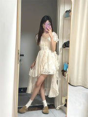 Cyflymder Irregular Dresses Women Sweet Ruffles Square Collar Puff Short Sleeve Princess Spring Summer Elegant Dress Female