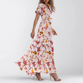 Cyflymder Women V-neck Ruffle Short Sleeve Maxi Dress Waist Tight High-waist Hem Sweet Floral Print Elegant Dress Female Clothing Vestidos