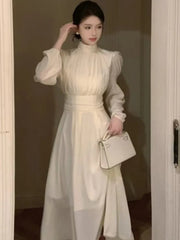 Cyflymder Autumn Chiffon Fairy Midi Dress for Women Elegant Lantern Sleeve One Piece Dresses Korean Fashion Long Vestidos Female Clothing