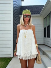 Cyflymder Thin Strap Square Neck Loose Mini Skirt Hollow Cutout Pattern Double Ruffle Hem Dress Lady's Dating Vacation Casual Streeewear