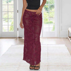 Cyflymder Coquette Lace Skirt y2k Women Solid Color Sheer See Through Low Rise Mesh Long Skirt 2000s Club Party Skirts Streetwear