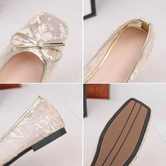 Cyflymder Mesh Embroidery Flower Designer Flat Shoes Women Bow Decoration Square Toe Casual Shoes Spring Party Comfort Single Shoes