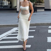 Cyflymder Women Sexy Hollow Out Maxi Dress Lace Pachwork Sleeveless Backless Bodycon Long Dress Y2k Going Out Party Dress