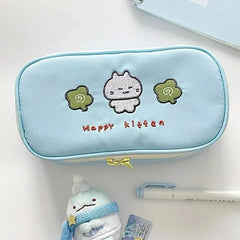 Cyflymder Cute Cartoon Embroidery Pencil Case for Kids Boy Girl Kawaii Clover Kitten Stationery Organizer Portable Large Capacity Pen Bag