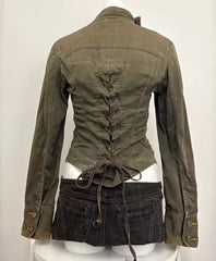 Cyflymder Y2K New Gothic Punk Stand Collar Jacket Women Clothes Harajuku Sexy Slim Fit Back Drawstring Jacket Retro Army Green Short Coat