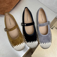 Cyflymder New Woven Splicing Flats Women Faux Suede French Style Round Toe Buckle Mary Jane Shoes Comfort Shallow Designer Shoes Loafers