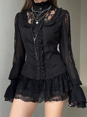 Cyflymder Elegant Floral Embroidered Blouse Stylish V-Neck Long Sleeve Button Down Shirt Casual Fit Lace Patchwork Top for Women