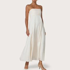 Cyflymder Women Tube Maxi Dress Ruched Strapless Bodice A Line Long Dress Elegant Lady Sleeveless Flowy Summer Sundress