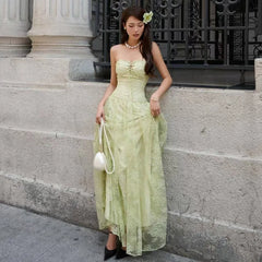 Cyflymder Summer New Style Women's Strapless Mid-Length Freshly Shapely Dress with Slimming Waist and A-Line Netting
