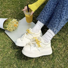 Cyflymder White Sneaker Women New Style Thick-soled Heightening Round-Tip Lace-up Fashion Casual Multi-purpose Platform Shoes,35-40