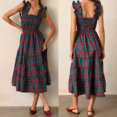 Cyflymder Women Sleeveless Dress Summer Patchwork Casual Plaid Print Ruffled A-Line Party Dress for Beach Club Streetwear