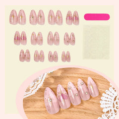 Cyflymder 24pcs White Sumdging French Style Fake Nails Y2k Gold Star Exquisite Pink Love Heart Press On Nails Glossy Almond False Nail
