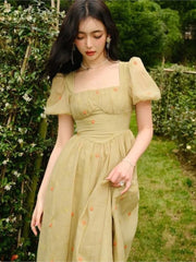 Cyflymder Puff Sleeve Dresses Women Vintage Sweet Girls Retro Simple Print Fashion Preppy Popular Teens Basic Elegant High Waist Harajuku