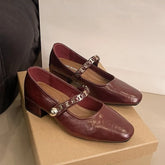 Cyflymder Retro low-heeled single shoes for women, new summer fashion gold buckle square toe comfortable high-heeled leather shoes