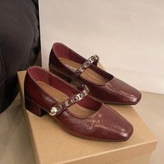 Cyflymder Retro low-heeled single shoes for women, new summer fashion gold buckle square toe comfortable high-heeled leather shoes