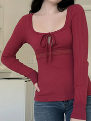 Cyflymder Sweet All Match Solid Square Collar Long Sleeve Lace Patchwork Slim T-Shirts