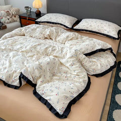Cyflymder INS French Style Floral Simple Black Lace Double Layer Gauze Bedding Set Washed Cotton Bed Sheet Fitted Sheet Fresh Quilt Cover
