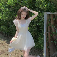 Cyflymder Women's Bow Gentle Style Short-sleeved New Temperament Mesh Dress