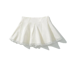 Cyflymder Holiday Front Cross Lacing up Bandage Bow Zipper Waist Mini Skirt Women White Spliced Lace Hem Ruched Swing A-lined Skirts Black
