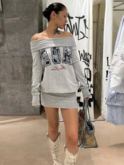 Cyflymder Basic Casuals Letter Print Dress Women Autumn Slash Neck Full Sleeve Chic Trend Elastic Streetwear Daily Mini Bodycon