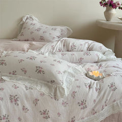 Cyflymder Flowers Print Lace Ruffles Bedding Set 100% Cotton Double Layer Yarn Soft Duvet Cover Bed Sheet/Fitted Sheet Pillowcases 4Pcs
