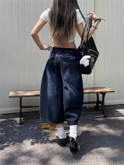 Cyflymder Summer Cool Girl Wide Leg Letter Embroidery Denim Cropped Pants Women's Calf-length Jeans Female High Waist Capris Pants