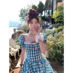 Cyflymder Vintage Plaid Mini Dress Women Japanese Kawaii Bow Lace Dresses Summer Korean Square Collar Puff Short Sleeve Bodycon Vestidos