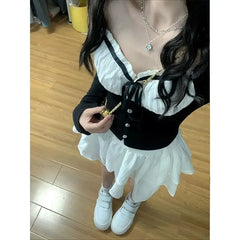 Cyflymder Early Autumn New Sweet System Suit Spicy Girl Petite Black White Spliced Top White Cake Short Skirt 2-piece Set