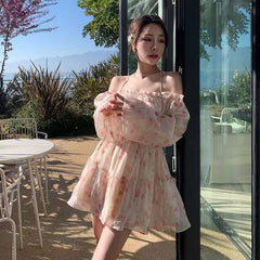 Cyflymder Kawaii Sweet Y2k Mini Dress Woman Long Sleeve Causal Floral Dress Beach Party One Piece Dress Korean Fashion Summer Chic