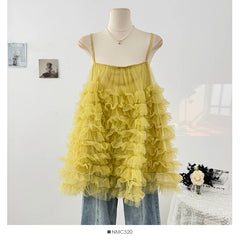 Cyflymder Y2k Tops Women Layered Ruffle Mesh Fluffy Party Fashion Camisole Vest 2025 Summer Solid Sleeveless All Match Tank Top