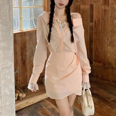 Cyflymder Pink Long Sleeve Waist Mini Dress Women's Clothing Solid Color Spring Autumn Elegant Bag Hip Aura V-Neck Lace Patchwork Dresses