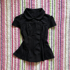 Cyflymder Fashion New Women Y2k Short-sleeved Shirt with Casual Striped Pattern Turn-down Collar Buttoned T-shirt Punk Gothic Streetwear