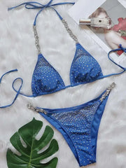 Cyflymder Shiny Diamond Party Bikini Two-Piece Set Women's Sexy Solid Color Lace-up Swimwear Beach Female Summer New