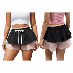 Cyflymder Fashion Women's Ruffled Shorts Casual Contrast Color Summer Elastic Waist Short Pants for Vacation Beach Club Streetwear