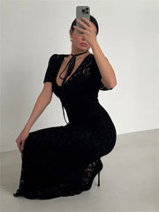 Cyflymder Fashion Lace Hollow Out Long Dress Women's V-Neck High Waist Sexy See-Through Printed Summer Dress Female Bodycon Dress