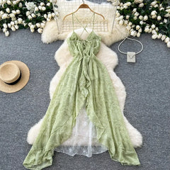 Cyflymder Elegant V-neck Straps Vintage Sleeveless Chic Asymmetrical Ruffles Backless Slim Dresses French Vacation Women Fashion Clothing