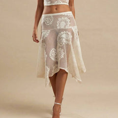 Cyflymder Women Summer Boho Coquette Sexy Lace Flower Mesh Midi Skirts Elegant High Waist Asymmetrical Hem Holiday Party Skirts Beachwear