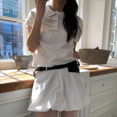 Cyflymder Y2k Clothes Polka Dot T Shirt For Women Folds Spring Summer Vintage Ropa De Mujer Korean Fashion Puff Sleeve Tees